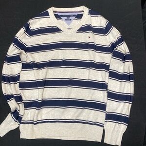 Tommy Hilfiger Men's V-Neck Sweater - Navy and Cream Stripes
